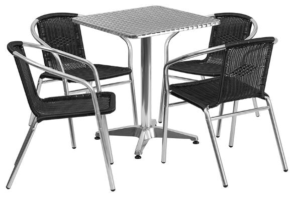 Aluminum Indoor-Outdoor Patio Square Table Set with Black Rattan Chairs