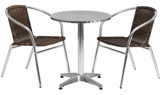 Aluminum Indoor-Outdoor Patio Round Table Set with Dark Brown Rattan Chairs