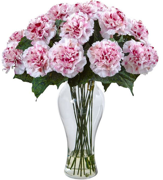 Carnation Flower Home Office Decor Floral Bloom Artificial Arrangement with Vase