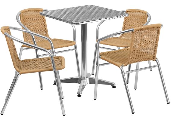 Aluminum Indoor-Outdoor Patio Square Table Set with Beige Rattan Chairs