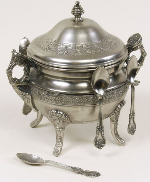 Pewter Victorian Sugar Pot with Six Spoons