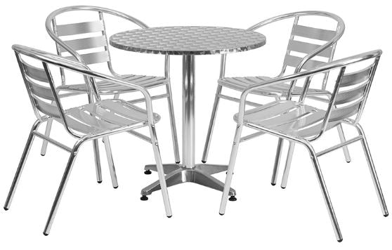 Polished Aluminum Indoor-Outdoor Patio Round Table Set with Slat Back Chairs