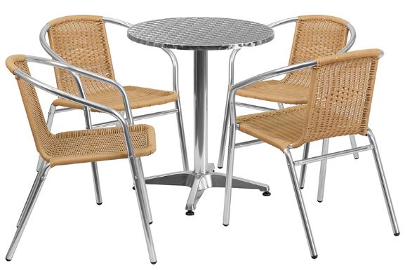 Aluminum Indoor-Outdoor Patio Round Table Set with Beige Rattan Chairs