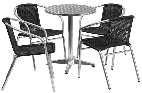 Aluminum Indoor-Outdoor Patio Round Table Set with Black Rattan Chairs