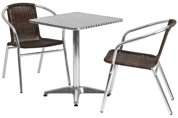 Aluminum Indoor-Outdoor Patio Square Table Set with Dark Brown Rattan Chairs