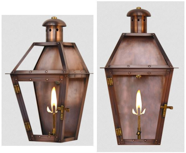 Antique Copper 18 in. Gas Outdoor Wall Lantern Flush Mount with Brass Hinges