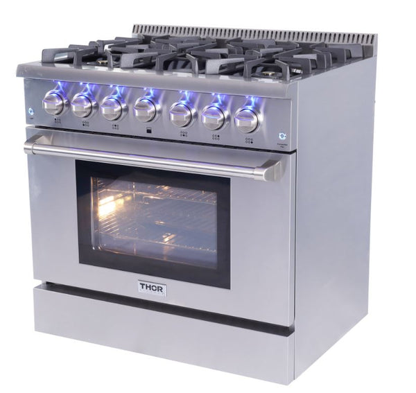 36 Inch THOR KITCHEN Stainless Steel 5.2 cu. ft. Pro-Style Convection Gas Range, Six Burners